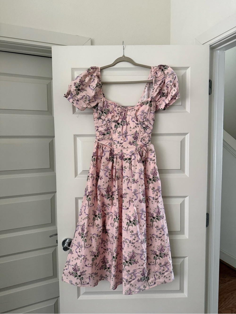 House of CB Lulabell Pink Ribbon Print Cotton Midi Dress - Picture 2 of 5